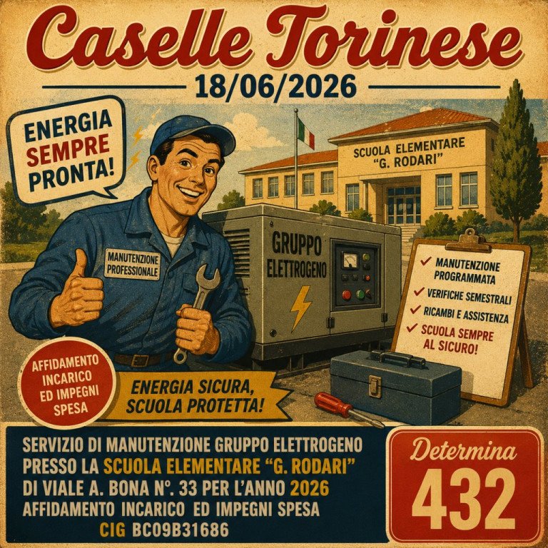 SETTORE OPERE PUBBLICHE - SERVIZIO DI MANUTENZIONE GRUPPO ELETTROGENO PRESSO LA SCUOLA ELEMENTARE “G. RODARI” DI VIALE A. BONA N°. 33 PER L’ANNO 2026 - AFFIDAMENTO INCARICO ED IMPEGNI SPESA - CIG BC09B31686