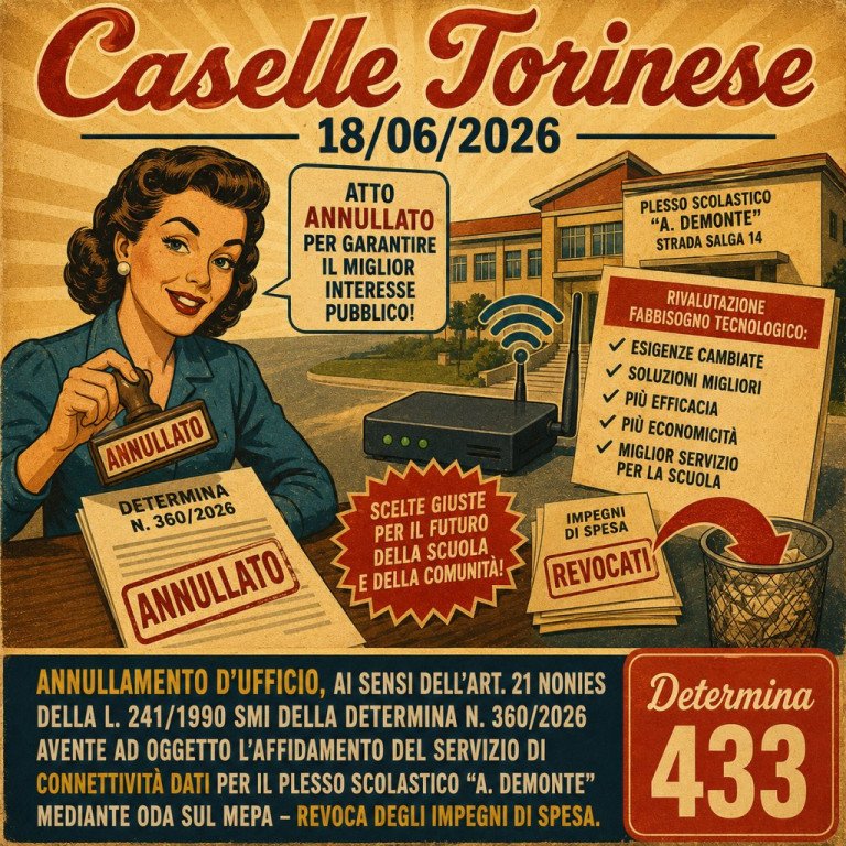 SETTORE AFFARI GENERALI - ANNULLAMENTO D’UFFICIO, AI SENSI DELL’ART. 21 NONIES DELLA L. 241/1990 SMI DELLA DETERMINA N. 360/2026 AVENTE AD OGGETTO L’AFFIDAMENTO DEL SERVIZIO DI CONNETTIVITÀ DATI PER IL PLESSO SCOLASTICO “A. DEMONTE” MEDIANTE ODA SUL MEPA – REVOCA DEGLI IMPEGNI DI SPESA.