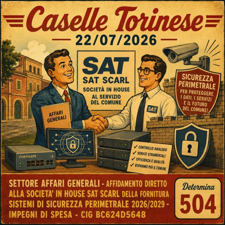 SETTORE AFFARI GENERALI - AFFIDAMENTO DIRETTO ALLA SOCIETA' IN HOUSE SAT SCARL DELLA FORNITURA SISTEMI DI SICUREZZA PERIMETRALE 2026/2029- IMPEGNI DI SPESA - CIG BC624D5648
