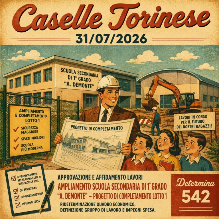 SETTORE OPERE PUBBLICHE - DETERMINAZIONE A CONTRARRE E AFFIDAMENTO DIRETTO, AI SENSI DELL’ART. 50, COMMA 1, LETT. A) DEL D.LGS N. 36/2023 E SUCCESSIVO D.LGS 209/2024, DEI LAVORI DI AMPLIAMENTO DELLA SCUOLA SECONDARIA DI 1° GRADO “A. DEMONTE” PROGETTO DI COMPLETAMENTO LOTTO 1. CIG BC8BA70FA4 - CUP. G82B26014250004. RIDETERMINAZIONE QUADRO ECONOMICO, DEFINIZIONE GRUPPO DI LAVORO E IMPEGNI SPESA.