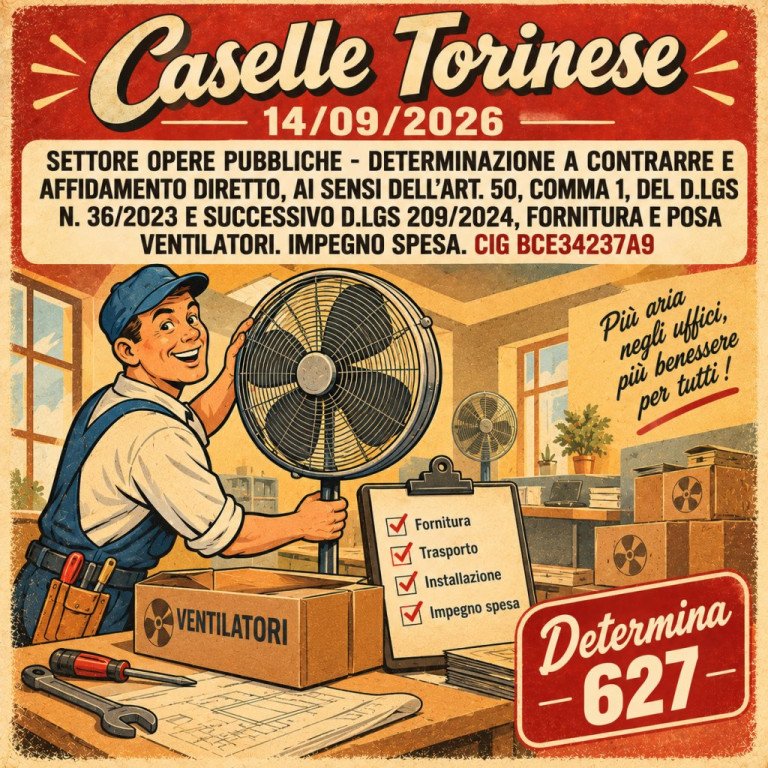 SETTORE OPERE PUBBLICHE - DETERMINAZIONE A CONTRARRE E AFFIDAMENTO DIRETTO, AI SENSI DELL’ART. 50, COMMA 1, DEL D.LGS N. 36/2023 E SUCCESSIVO D.LGS 209/2024, FORNITURA E POSA VENTILATORI. IMPEGNO SPESA. CIG BCE34237A9