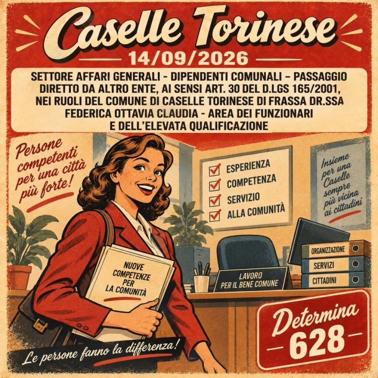 SETTORE AFFARI GENERALI - DIPENDENTI COMUNALI – PASSAGGIO DIRETTO DA ALTRO ENTE, AI SENSI ART. 30 DEL D.LGS 165/2001, NEI RUOLI DEL COMUNE DI CASELLE TORINESE DI FRASSA DR.SSA FEDERICA OTTAVIA CLAUDIA - AREA DEI FUNZIONARI E DELL’ELEVATA QUALIFICAZIONE